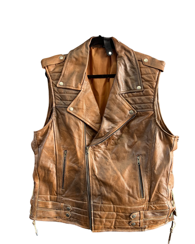 DOUBLE BREASTED LEATHER VEST, TAN SIZE 3XL
