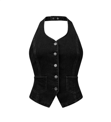 Allegra K Denim Vest for Womens Halter Neck Button Down Backless Jean Waistcoat X-Large Black
