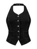 Allegra K Denim Vest for Womens Halter Neck Button Down Backless Jean Waistcoat X-Large Black